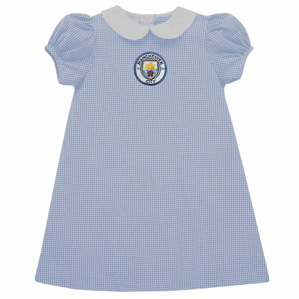 Manchester City Vive La Fete Girls Infant Gingham Puffy A-Line Dress Discount - Sky Blue
