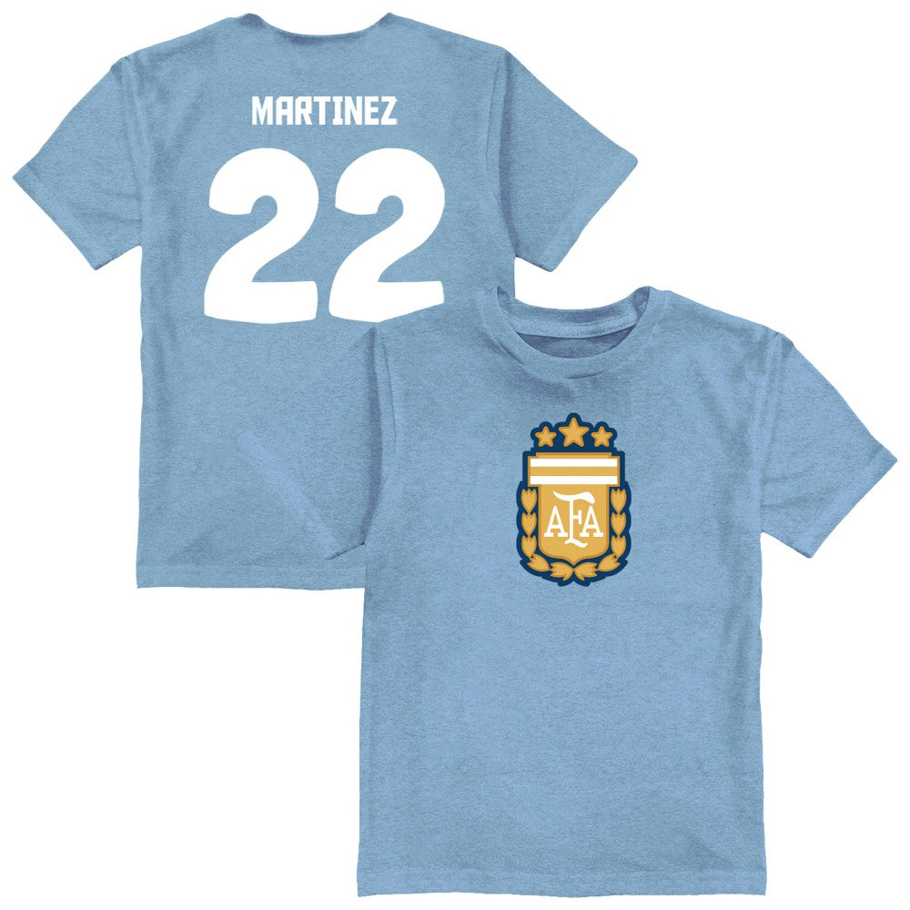 Lautaro Martinez Argentina National Team Vive La Fete Youth Player Name & Number Color Badge T-Shirt for sale - Light Blue