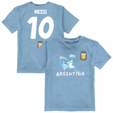 Lionel Messi Argentina National Team Vive La Fete Youth Player Name & Number Chilena Style T-Shirt for sale - Light Blue