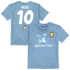 Lionel Messi Argentina National Team Vive La Fete Youth Player Name & Number Chilena Style T-Shirt for sale - Light Blue