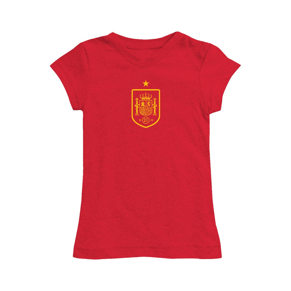 Spain National Team Vive La Fete Girls Youth Color Badge Fitted T-Shirt for sale - Red