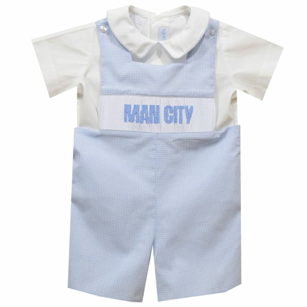 Manchester City Vive La Fete Infant Mini Check Smocked Jon Jon Romper Discount - Sky Blue 
