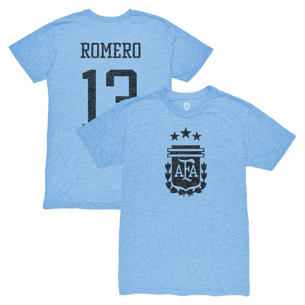 Cristian Romero Argentina National Team 1863FC Player Vintage Tri-Blend T-Shirt for sale - Light Blue 