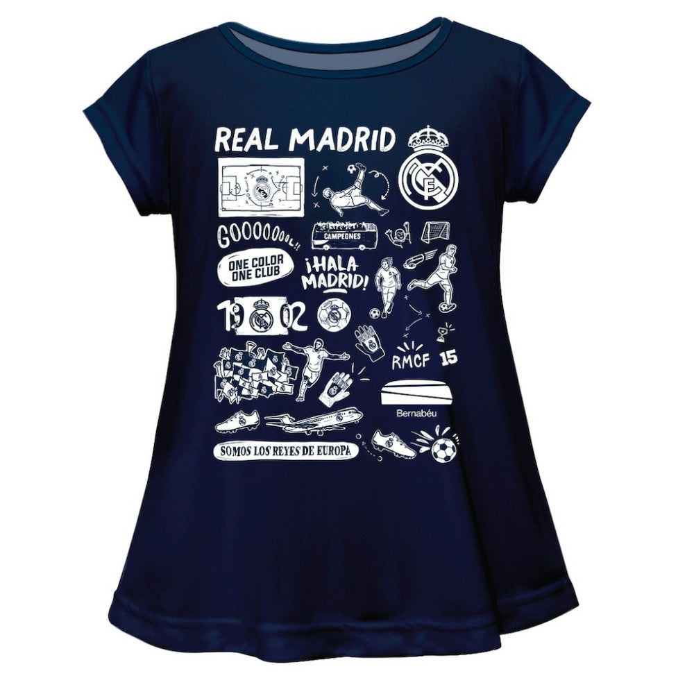 Real Madrid Vive La Fete Girls Youth  Impressions Artwork A-Line Top Discount - Navy 