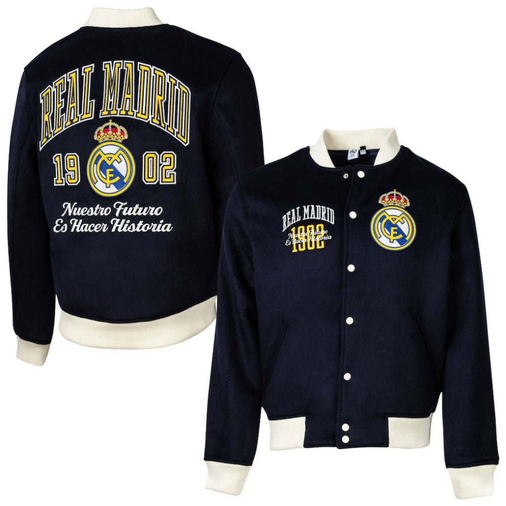 Real Madrid Sport Design Sweden Free Kick Wool Varsity Jacket Discount - Navy 
