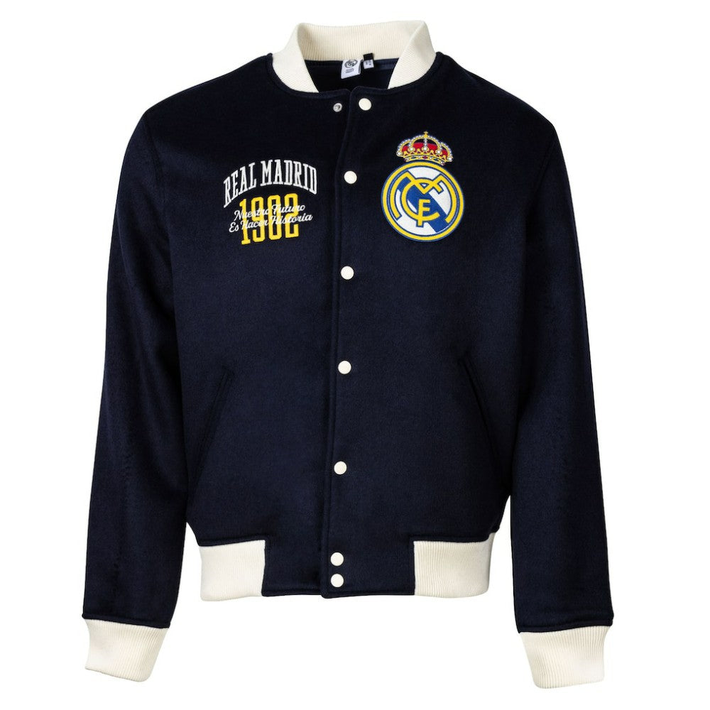 Real Madrid Sport Design Sweden Free Kick Wool Varsity Jacket Discount - Navy 