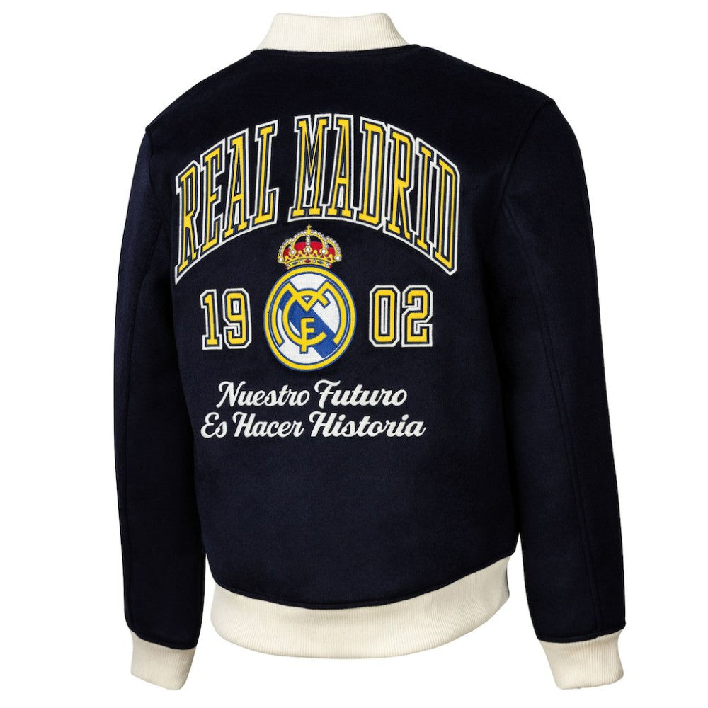 Real Madrid Sport Design Sweden Free Kick Wool Varsity Jacket Discount - Navy 
