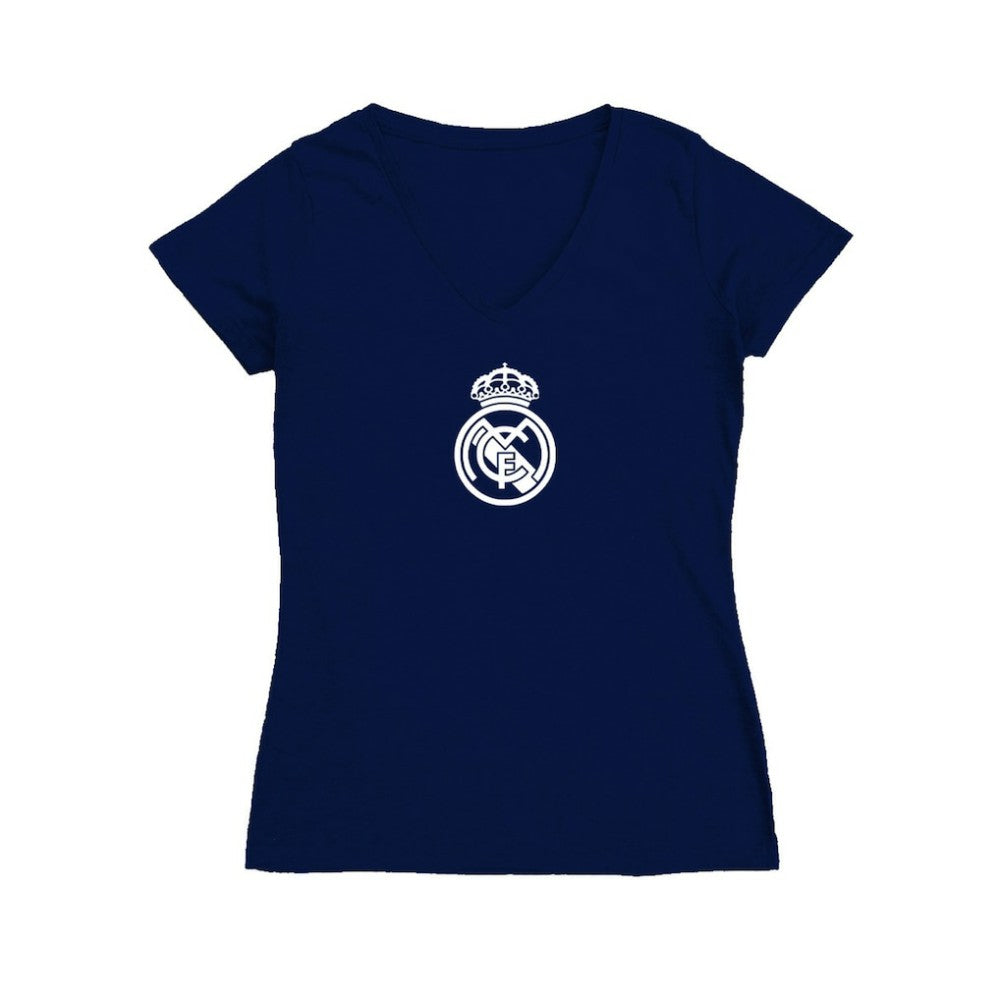 Real Madrid Vive La Fete Women's Color Badge V-Neck Fitted T-Shirt Discount - Navy 