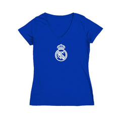 Real Madrid Vive La Fete Women's Color Badge V-Neck Fitted T-Shirt Discount - Royal 