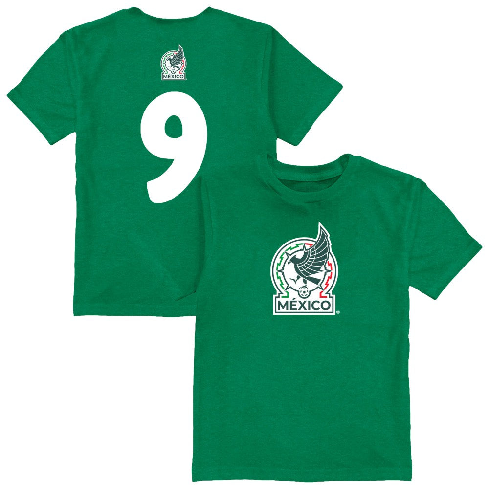 Raúl Jiménez Mexico National Team Vive La Fete Youth Player Name & Number Color Badge T-Shirt for sale - Green 