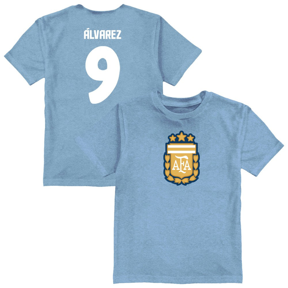 Julián Álvarez Argentina National Team Vive La Fete Youth Player Name & Number Color Badge T-Shirt for sale - Light Blue 
