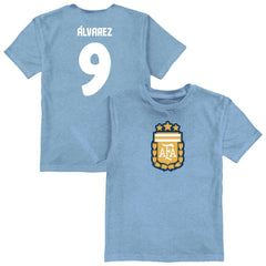 Julián Álvarez Argentina National Team Vive La Fete Youth Player Name & Number Color Badge T-Shirt for sale - Light Blue 