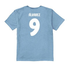 Julián Álvarez Argentina National Team Vive La Fete Youth Player Name & Number Color Badge T-Shirt for sale - Light Blue 