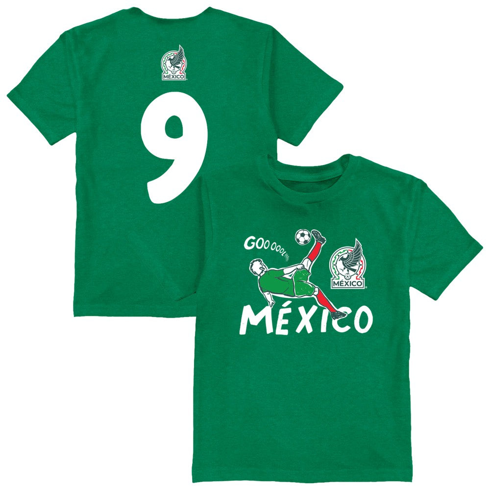 Raúl Jiménez Mexico National Team Vive La Fete Youth Player Name & Number Chilena Style T-Shirt for sale - Green 