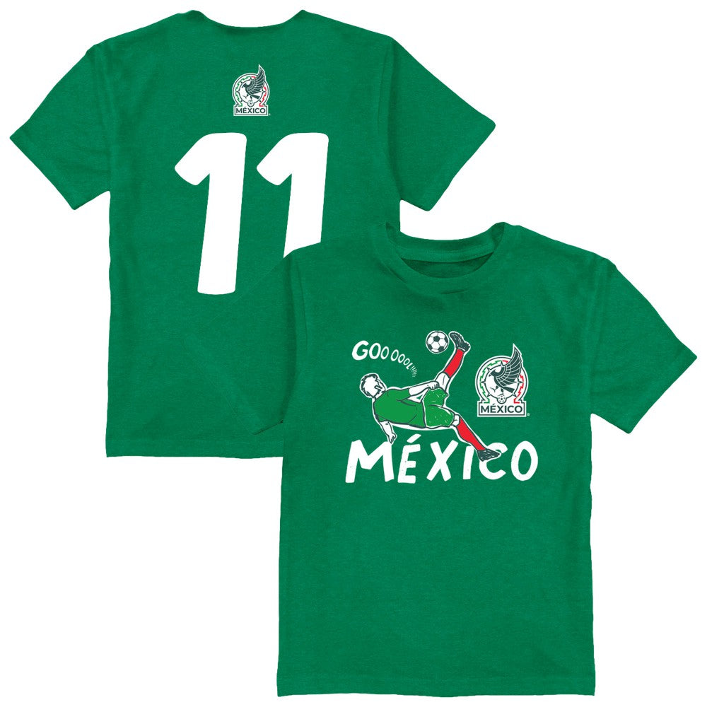 Santiago Gimenez Mexico National Team Vive La Fete Youth Player Name & Number Chilena Style T-Shirt for sale - Green 