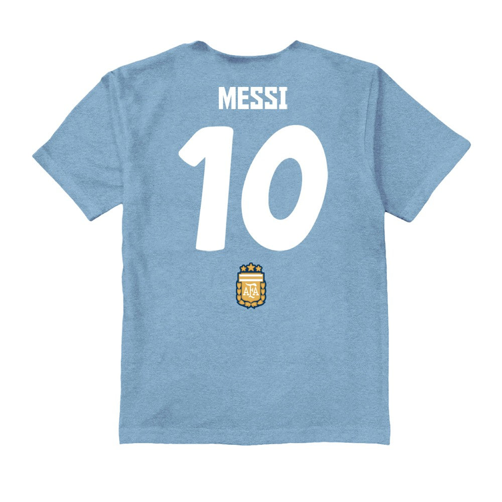 Lionel Messi Argentina National Team Vive La Fete Youth Player Name & Number Chilena Style T-Shirt for sale - Light Blue 