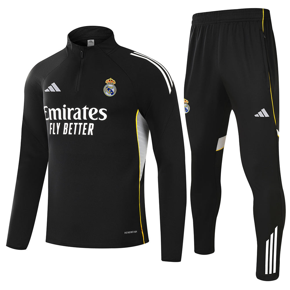 Kids Real Madrid 1/4 Zipper Sweat Kit(Top+Pants) Black 2025/26 