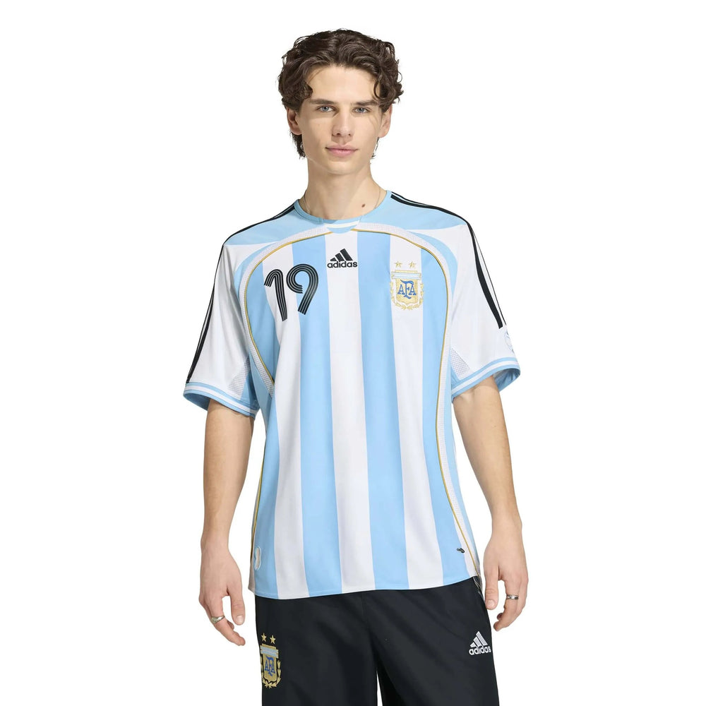 2006 Argentina Men's Retro Stadium Home Messi #19 Soccer Jersey White / Clear Blue 