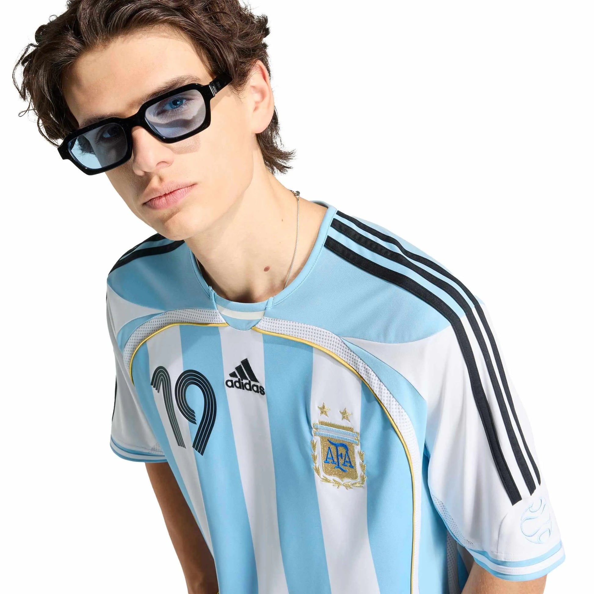 2006 Argentina Men's Retro Stadium Home Messi #19 Soccer Jersey White / Clear Blue 