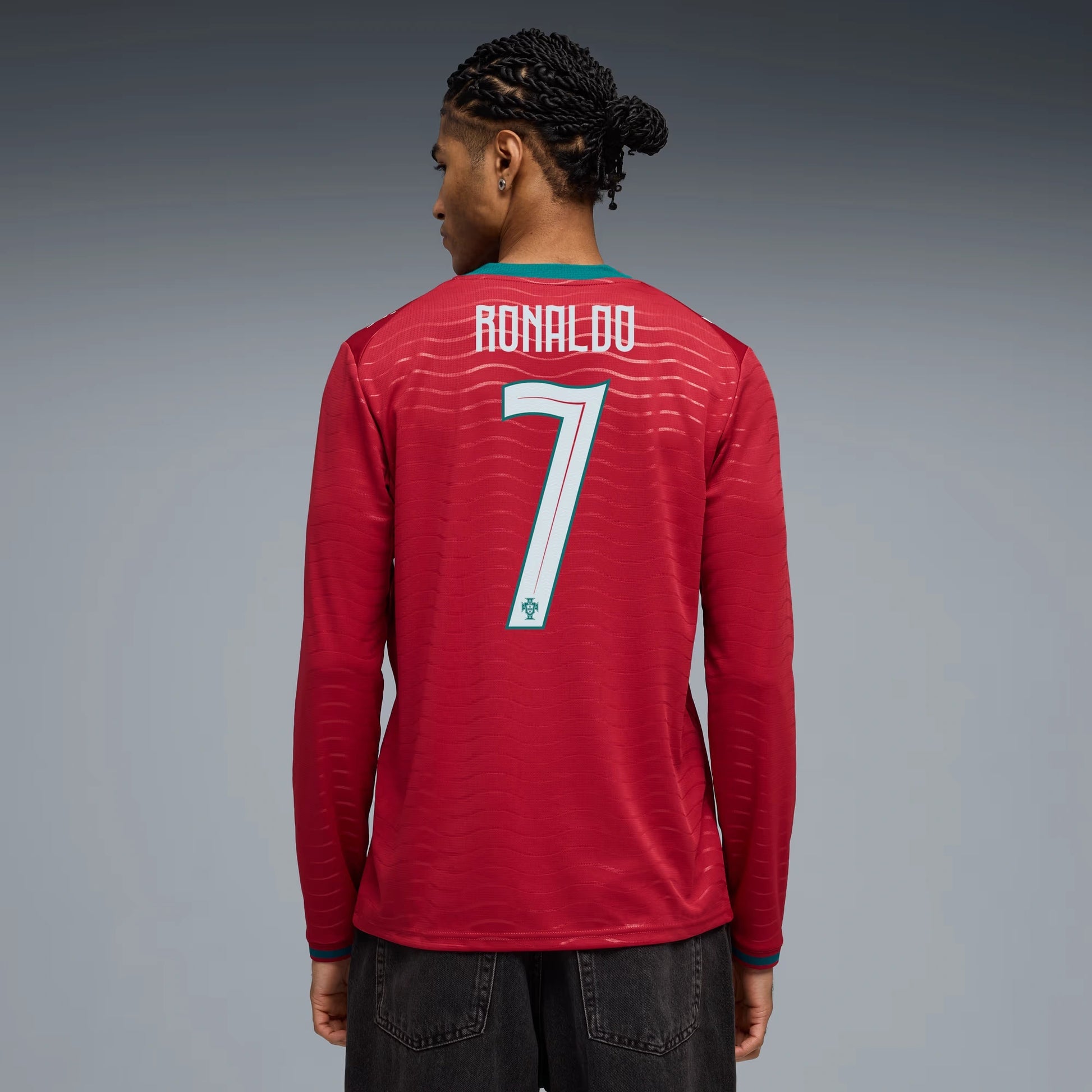 2026 Portugal Men's Stadium Home Ronaldo #7 Long-Sleeve Soccer Je Club Red-Green Lagoon 