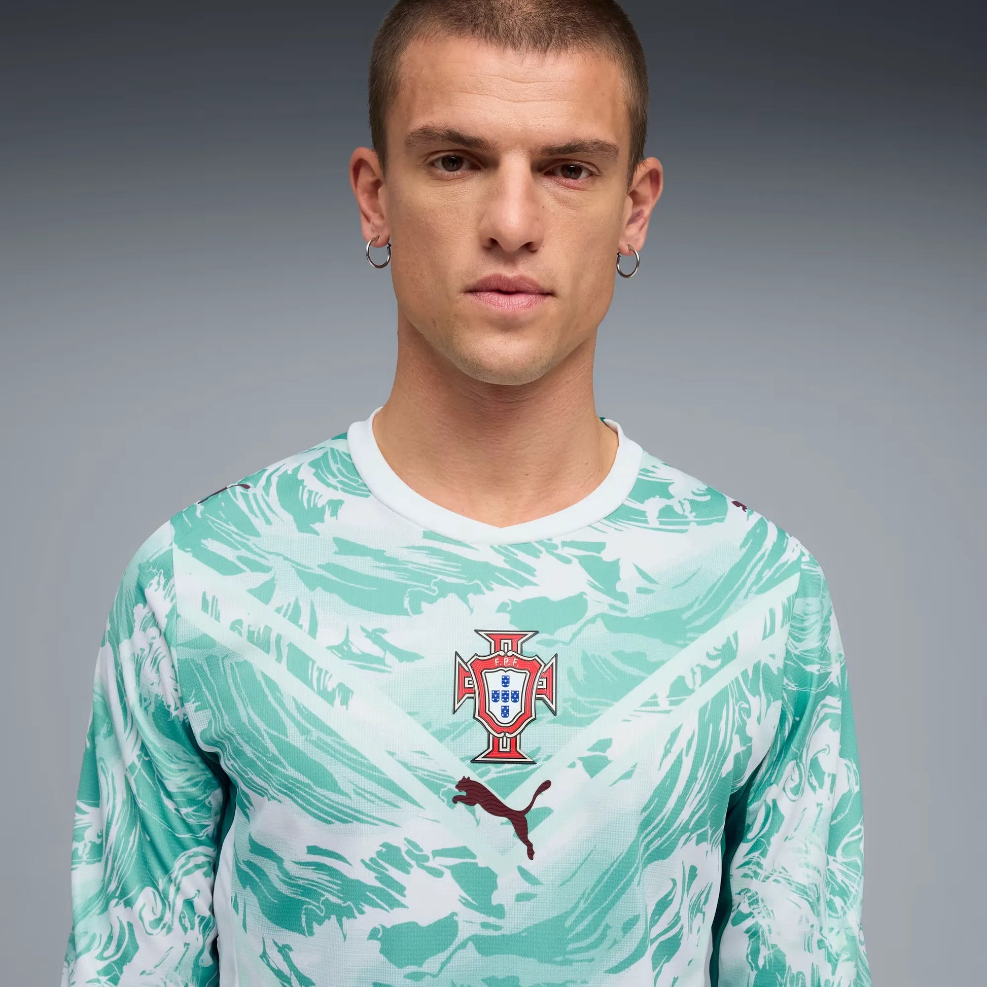 2026-27 Portugal Men's Stadium Away Long-Sleeve Soccer Jersey Puma White-Green Lagoon 